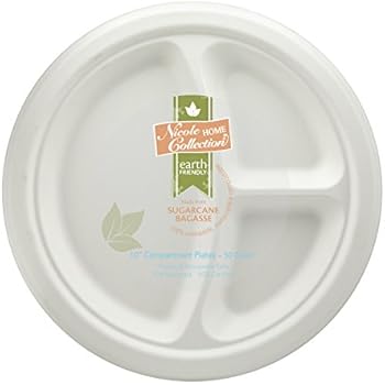 Eco-Friendly 100% Compostable Sugarcane/Bagasse Heavy Duty Plates, FDA Approved, 10 Inch, 3-Compartment Round Plate, 50 Count