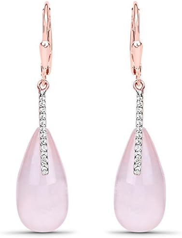 LoveHuang 26.48 Carats Genuine Rose Quartz and White Topaz Drop Earrings Solid .925 Sterling Silver With 18KT Rose Gold Plating