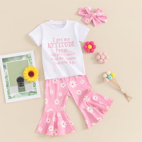 TODDLER BABY GIRL CLOTHES SHORT SLEEVE LETTER PRINT T-SHIRT TOPS FLOWER FLARE PANTS 3PCS BELL BOTTOMS OUTFITS (PINK, 2-3 YEARS)