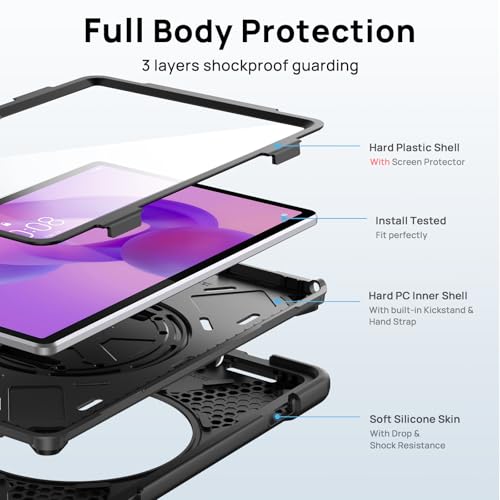 Gerutek Anti-Drop Case for Lenovo Idea Tab 11 Inch 2025/Tab K11 Gen 2/Tab M11/Xiaoxin Pad 11", Rugged Case with Screen Protector, Rotating Stand, Hand/Shoulder Strap, Pencil Holder, Black