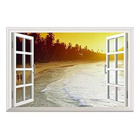 Beach Waves with Sunset and Palm Trees Open Window Mural Wall Sticker -24"x32"
