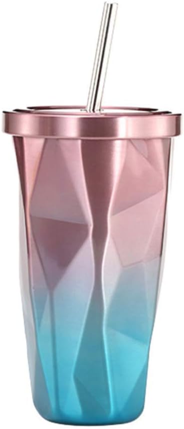 Laoyel Double Wall Stainless Steel Tumbler with Straw,500ML-Hot and Cold Drink Use-diamond Shape Insulated Coffee Cup (Pink)
