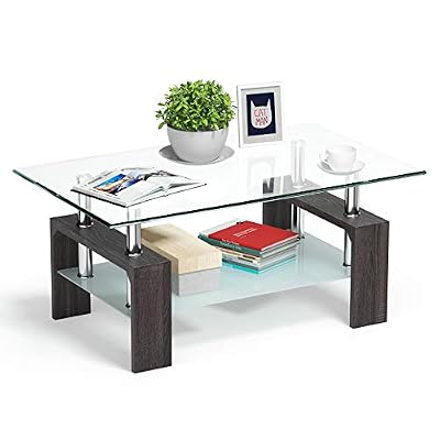 Buy Tangkula Rectangle Glass Coffee Table Clear Coffee Table With Lower Shelf Wooden Legs Center Tables For Living Room Dark Brown Online In Greece B07p54xzbg