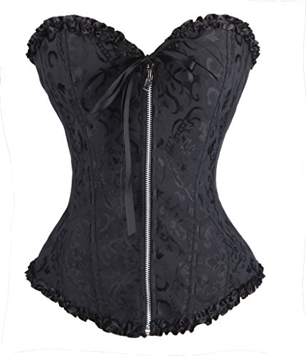 Women's Zipper up Jacquard Lace up Boned Overbust Corsets Top with G-string