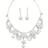 Joylive Silver Rhinestone Crystal Pearl Necklace Earrings Jewelry Set for Wedding