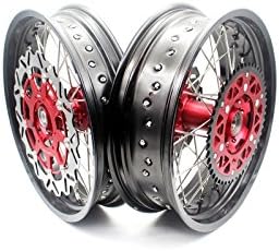 KKE HONDA 3.5×17/4.25×17 SUPERMOTO MOTARD WHEELS SET CRF250R 04-13 CRF450R 02-12 CR125R CR250R 2000-2013 RED HUB BLACK RIM WITH DISC & SPROCKET