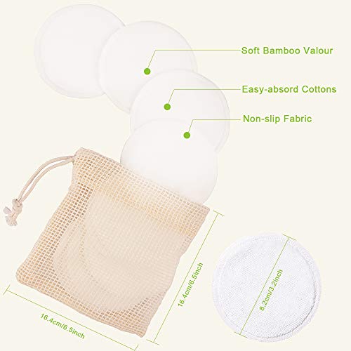 16 Pack Organic Reusable Makeup Remover Pads, Bamboo Cotton Rounds Makeup Pads Washable Facial Cleansing Cloths for Eye Makeup Remove Face Wipe