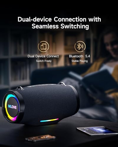 MLOVE E90 Altavoz Portátil Bluetooth Inalámbrico Impermeable RGB LED Luz True Wireless Stereo, Bluetooth 5.4, Micro-SD, Memoria USB, Jack 3,5mm, Carga Type C, Negro