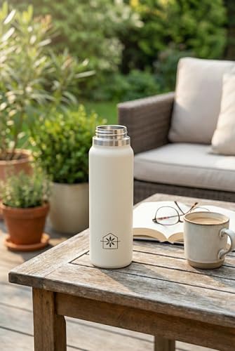 Cosmasen Botella de Agua Acero Inoxidable 1000 ml (1 Litro) - Cantimplora Térmica de Doble Pared al Vacío | Mantiene Frío 24h y Calor 12h | Botella Antifugas Sin BPA | Gimnasio y Oficina, Blanco