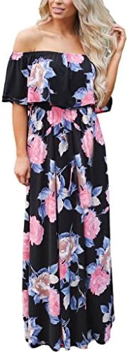 Roberoody Women Floral Print Off Shoulder Maxi Dresses,Small,Black