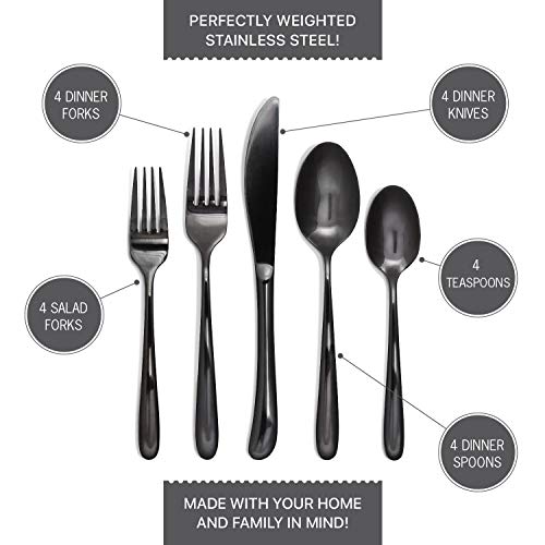 Craft & Kin Flatware Set, Hand-Forged Black Silverware Set, Classic Heirloom Luxury Black Flatware | Premium Quality Pure Stainless Steel Cutlery Set, Mirror Polished Dinnerware Set (20-pc, Set for 4)