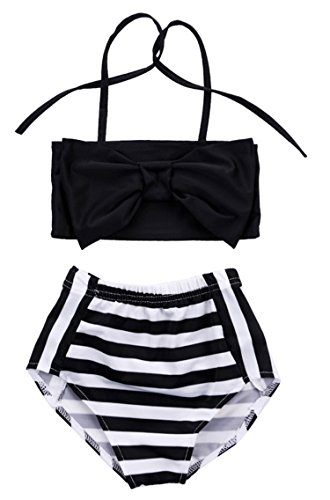 stylesilove Little Girls Black and White Bowknot Stripe Bikini Swimsuit (80/12-18 Months)