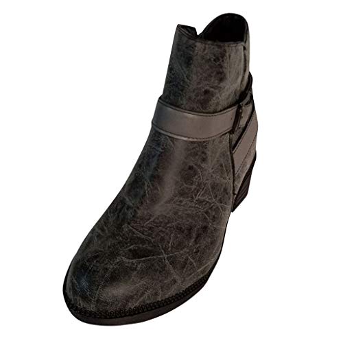 TnaIolral Women Ankle Boots Round Toe Low-Heele Zipper Buckle Strap Roman Shoes (US:8, Gray)