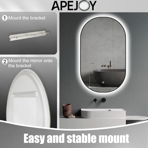 ApeJoy Oval LED Bathroom Mirror 45x75cm Matt Black Metal Frame Bathroom Lighting with Touch Switch Adjustable Mirror Warm White/Cool White Neutral