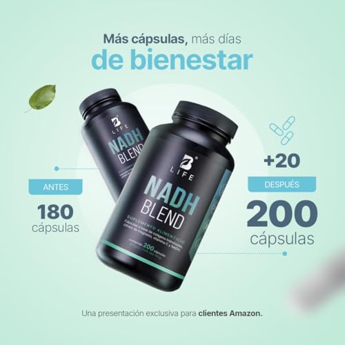 B Life NADH 200 Cápsulas | 200 Días de Consumo | 6 Veces Más Producto vs Otros | Nicotinamida Potenciada con Magnesio y Colágeno | Antioxidante NAD Blend.