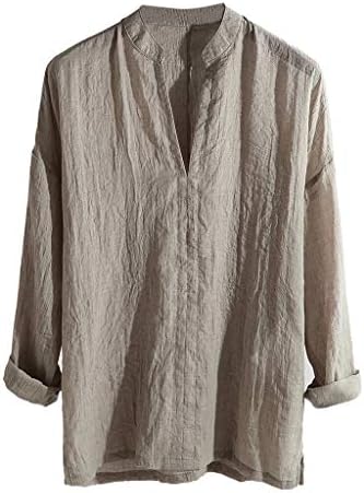 Kailemei Men's Causal Shirt Breathable Long Sleeve Loose Solid Color V-Neck Top Blouse Cotton Pleated