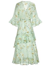 XINUO Vestidos Mujer Cuello en V Gasa Floral Verano Casual Trabajo Formal Maxi Sundress Cóctel Boho Midi Vestido 2019 Nuevo