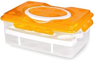 2 Tiers Egg Container Deviled Egg Carrier Eggs Holder with Handle Fridge Freezer Storage by DELIFUR (Orange)