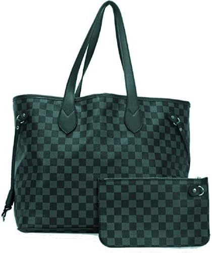 Ladies 2-in-1 Check Designer Handbag Shoulder Bag With Purse/Clutch + Lip Balm Mini Emery Board Set