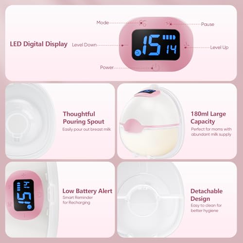 Hands Free Electric Breast Pump, 2 x 180ml Large Capacity Breast Pump, 3 Modes and 15 Levels, Portable Breast Pump with LED Display, Memory Function and Auto Shut Off