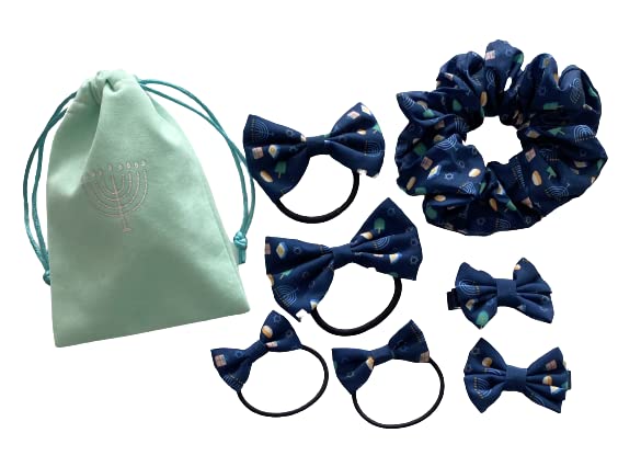 Chanukah Hanukkah hair bow and hair band set in Chanukah gift pouch (Mint Green)