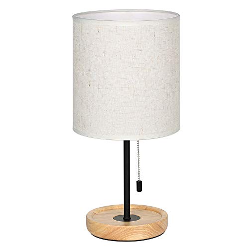 Modern Table Lamp, Nightstand Desk Lamp, Bedside Lamp with Wood Base and Linen Shade for Living Room, Bedroom, Office, College Dorm
