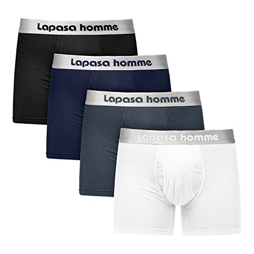 Lapasa Men’s Boxer Brief 4-Pack Underwear Cotton Stretch Wide Waistband with Open Fly M03