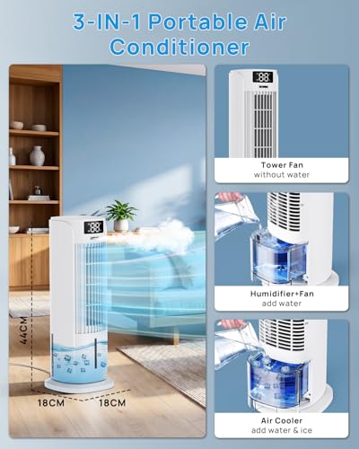 Condizionatore Portatile, 3 in 1 Raffrescatore Evaporativo, 6 Velocità 2 Modalità nebbia fredda, 800ML Raffrescatore d'aria, 90° Oscillazione, Telecomando, Timer 1-12 ore, Silenzioso per Casa Ufficio