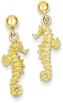 14K Yellow Gold Sea Horse Dangle Post Earrings