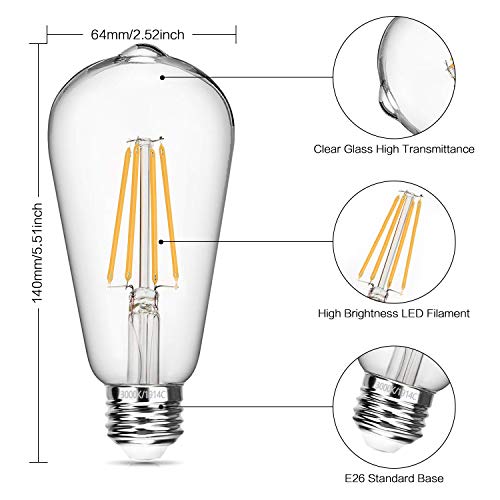 Vintage LED Edison Bulb 6W Dimmable LED Filament Bulb 60W Equivalent 3000K Soft White 620LM E26 Base ST64 Antique Light Bulbs Decorative Clear Glass for Home, Reading Room, Bathroom, Kitchen, 4 Pack