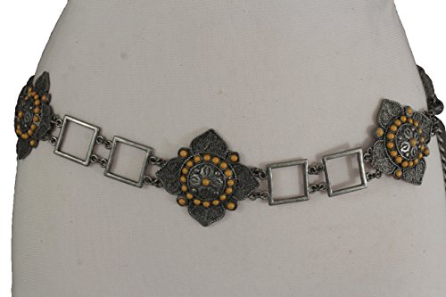 TFJ Women Ethnic Belt Hip Waist Vintage Antique Silver Metal Flower Charms S M L