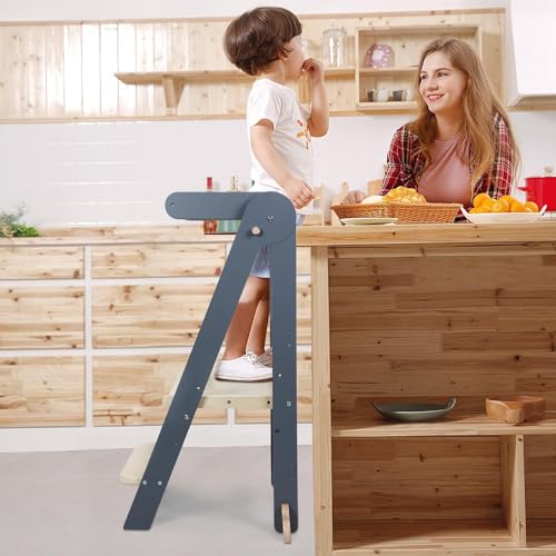 Learning Tower, Foldable Wooden Toddler Tower with Safety Rail, Kitchen Stool Helper, Standing Tower with 3 Adjustable Heights, Mother's Helper, Montessori Step Stools for Bathroom Sink