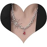 Andelaisi Punk Ruby Spider Cuba Chain Necklace Vintage Ruby Teardrop Pendant Necklace Silver Spider Choker Necklace Adjustable Chunky Chain Necklace Jewelry for Women