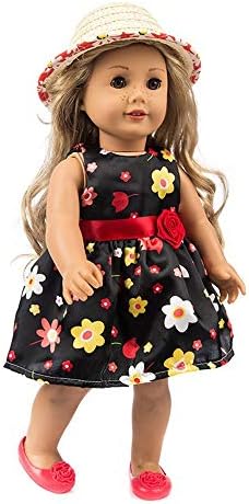 Clothes Dress Set with Hat for 18 Inch American Toy Girl Doll Flowers Printed Accessory Girl Toy (Black)