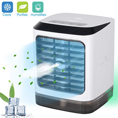 WEY&FLY Mini Air Cooler Humidifier, 3 in 1 Mini Personal Air Conditioner, Humidifier Purifier & Evaporative Desktop Cooling Fan, Personal Air Cooler Table Fan for Home Bedroom Office Remote Control