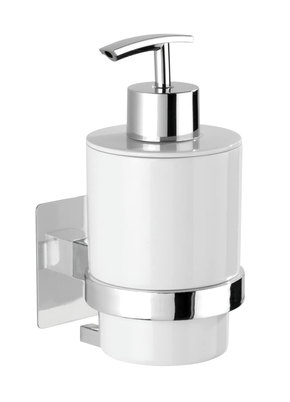 WENKO Turbo-Loc® Quadro soap dispenser - mounting without drilling, liquid soap dispenser capacity: 0.25 l, plastic (ABS), 7 x 15 x 9.5 cm, chrome