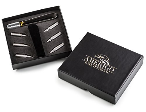 Whiskey Stones Bullets with Revolutionary Cooling Technology - Stainless Steel Whiskey Bullets Gift Set - Whiskey Gifts - Stainless Steel Ice Cubes for Whisky - Set of 6 Reusable Ice Cubes with Tongs