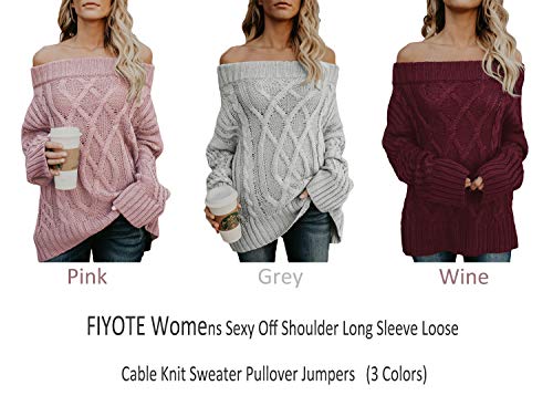 [- FIYOTE Womens Sexy Off Shoulder Long Sleeve Loose Cable Knit Sweater Pullover Jumpers  -]