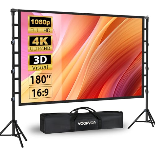 VOOPVOR 180" Portable HD Projector Screen with Tripod 16:9 4K HD Projection Screen for Indoor/Outdoor with Carry Bag and Height Adjustable Stand for Home Theater and Motorhome