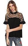 SheIn Women's Cute Embroidered Sheer Neck Ruffle Cuff Collared Blouse