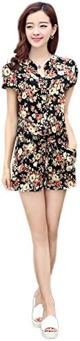 ZKCostume Womens Split Neck Drawstring Jumpsuit Shorts Casual Romper (Flowers, Medium)