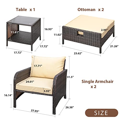 LeveLeve 5 Piece Patio Conversation Set, PE Wicker Rattan Outdoor Lounge Chairs with Soft Cushions 2 Ottoman&Glass Table for Porch,Pool Balcony, Lawn-Brown Wicker (Sand)