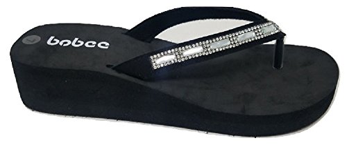Women's Crystal Rhinestone Strap Platform Wedge Thong Flip Flop Summer Beach Sandals (8, Black)
