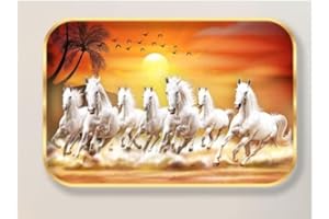 LH SAF 7 Running Horses at Sunrise Vastu Wall Art - Sparkle Glossy Round Golden Framed Large Painting for Office, Living Room