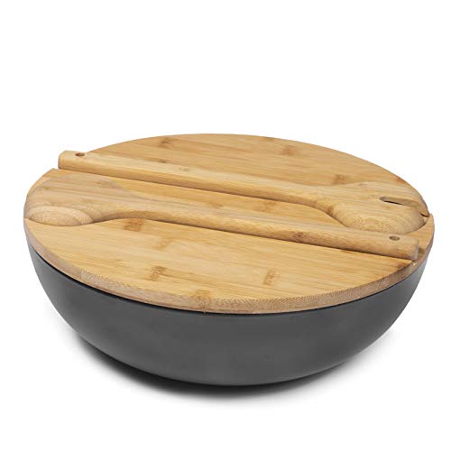 Large Salad Serving Bowls with Tongs, Mixing Bowl with Servers with Nature Bamboo Lid Spoon and