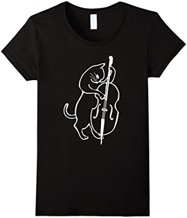 Women's Jazz Cat Tee | Cat Playing Upright Bass Medium Black