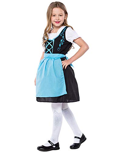 MYRISAM Girls Bavarian Oktoberfest Costumes Dirndl Dress with Apron Beer Maid Fancy Dress Carnival Halloween Costume Blue 8-9T