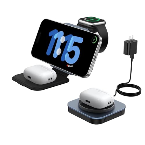 3 in 1 Wireless Charger for MagSafe, Magnetic Foldable Travel Fast Charging Station Pad for Apple Devices iPhone 15/14/13/12 Series, AirPods Pro/3/2 & Apple Watch/Ultra (5W)-Black+Gray