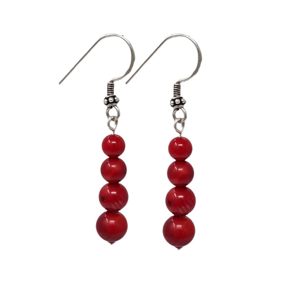 TreasureBay Women's Earrings Natural Red Coral with 925 Silver Dangle Drop Earrings, Pierced Earrings