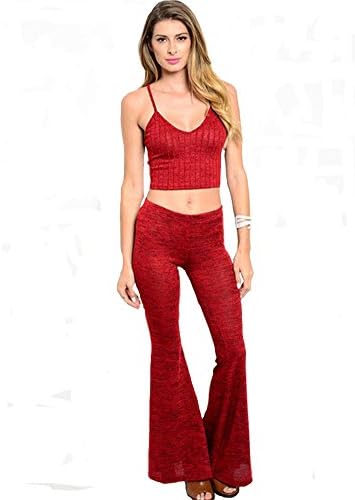 Fashion Forever Red 9990 Crop Top Wide Leg Flared Boot Cut Pants Set (L)